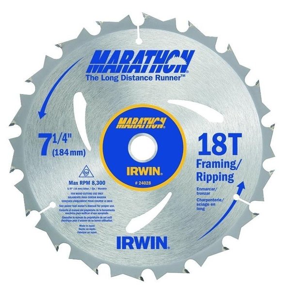 Irwin MARATHON Circular Saw Blade, 714 in Dia, 58 in Arbor, 18Teeth, Carbide Cutting Edge 24028